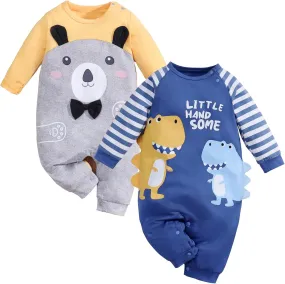 2-Pack Baby Boys Girls Clothes Newborn Cartoon Dinosaurs Print Long Sleeve Romper Animals Onesie