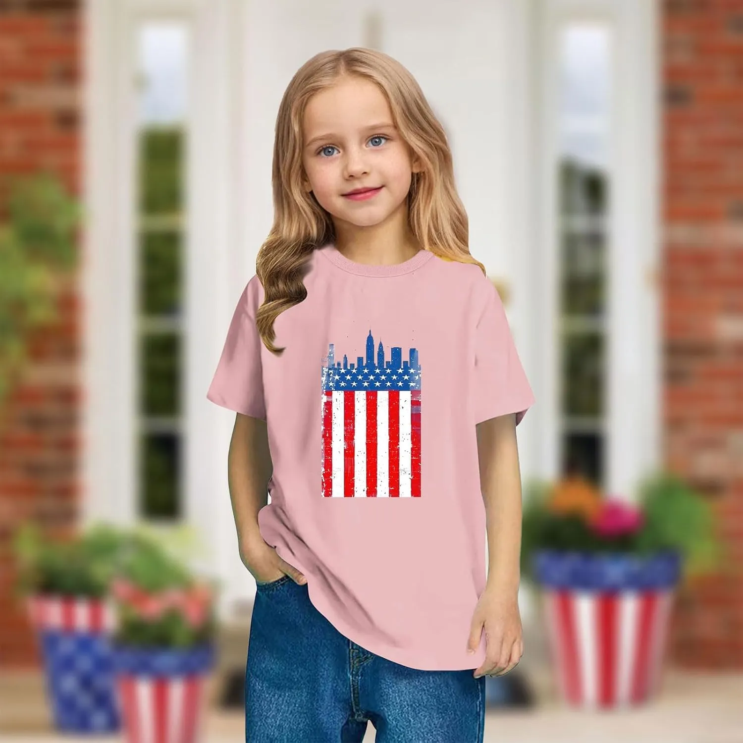 3-10T Boy and Girls USA Flag Shirts Short Sleeves Crewneck Independence Day Holiday Casual T-Shirt Kids Cute Tops