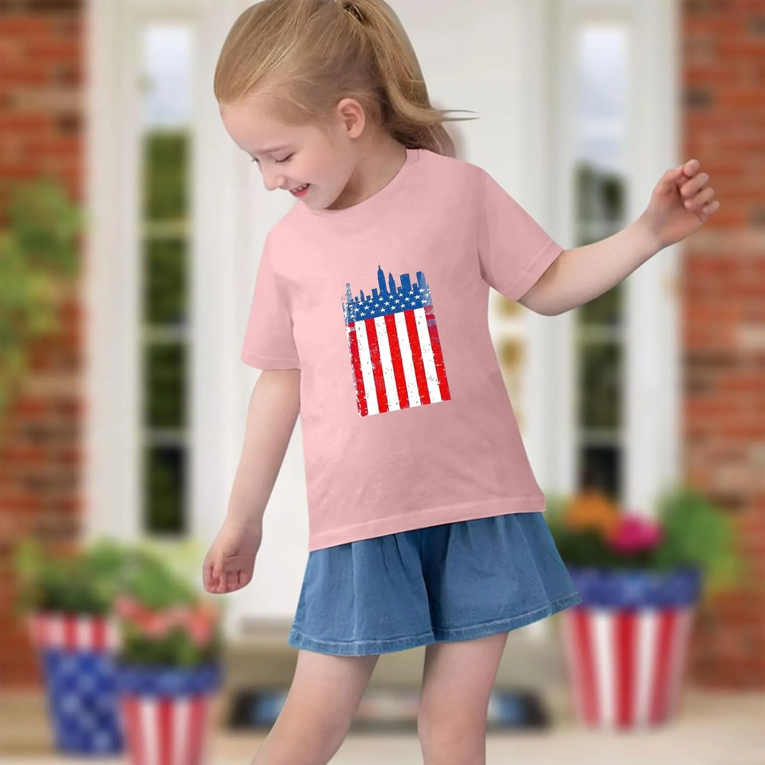 3-10T Boy and Girls USA Flag Shirts Short Sleeves Crewneck Independence Day Holiday Casual T-Shirt Kids Cute Tops