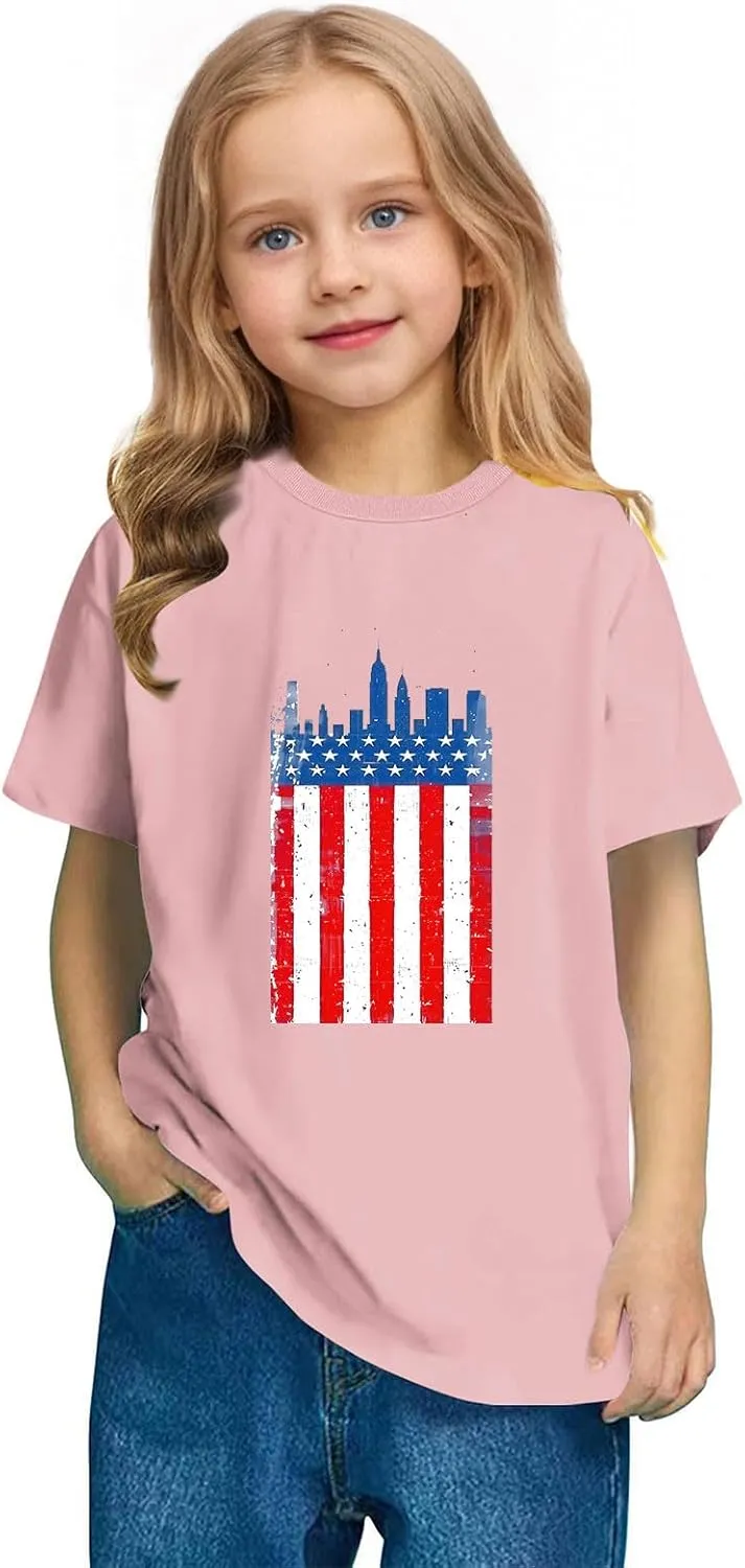 3-10T Boy and Girls USA Flag Shirts Short Sleeves Crewneck Independence Day Holiday Casual T-Shirt Kids Cute Tops