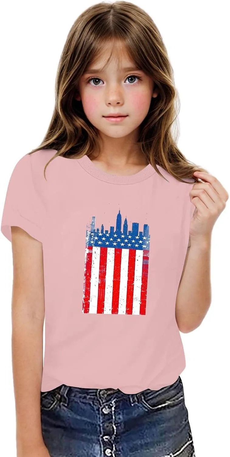 3-10T Boy and Girls USA Flag Shirts Short Sleeves Crewneck Independence Day Holiday Casual T-Shirt Kids Cute Tops