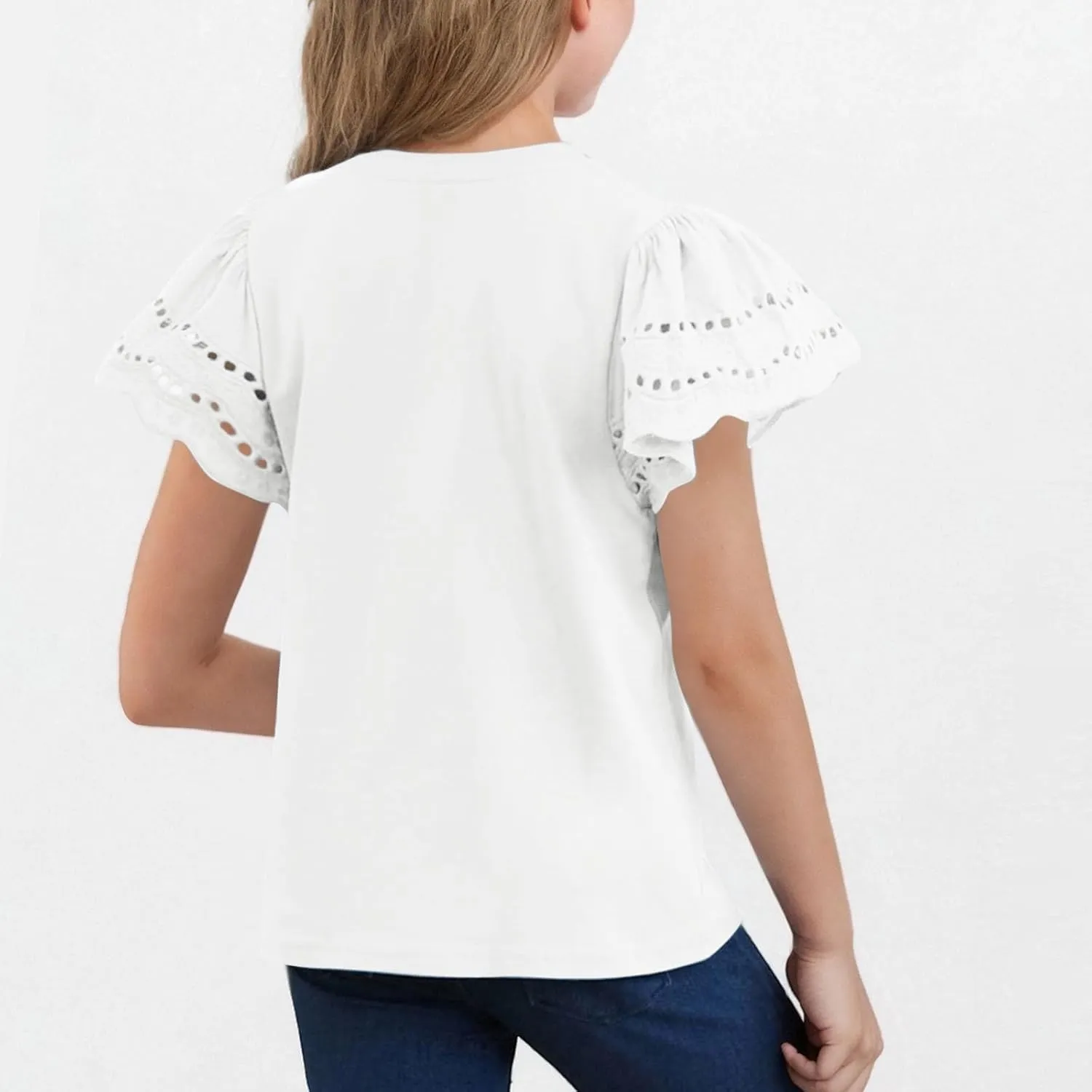 3-14T Girls T-Shirts Tops Summer Fashion Solid Hollow Out Ruffles Short Sleeves Crewneck Loose Comfy Tees Shirts
