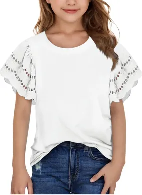 3-14T Girls T-Shirts Tops Summer Fashion Solid Hollow Out Ruffles Short Sleeves Crewneck Loose Comfy Tees Shirts