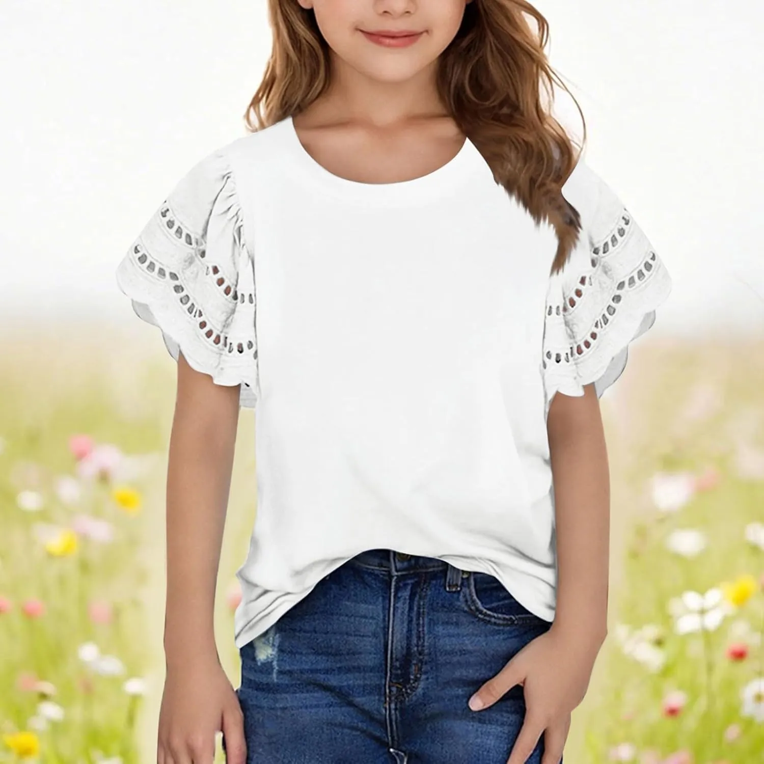 3-14T Girls T-Shirts Tops Summer Fashion Solid Hollow Out Ruffles Short Sleeves Crewneck Loose Comfy Tees Shirts