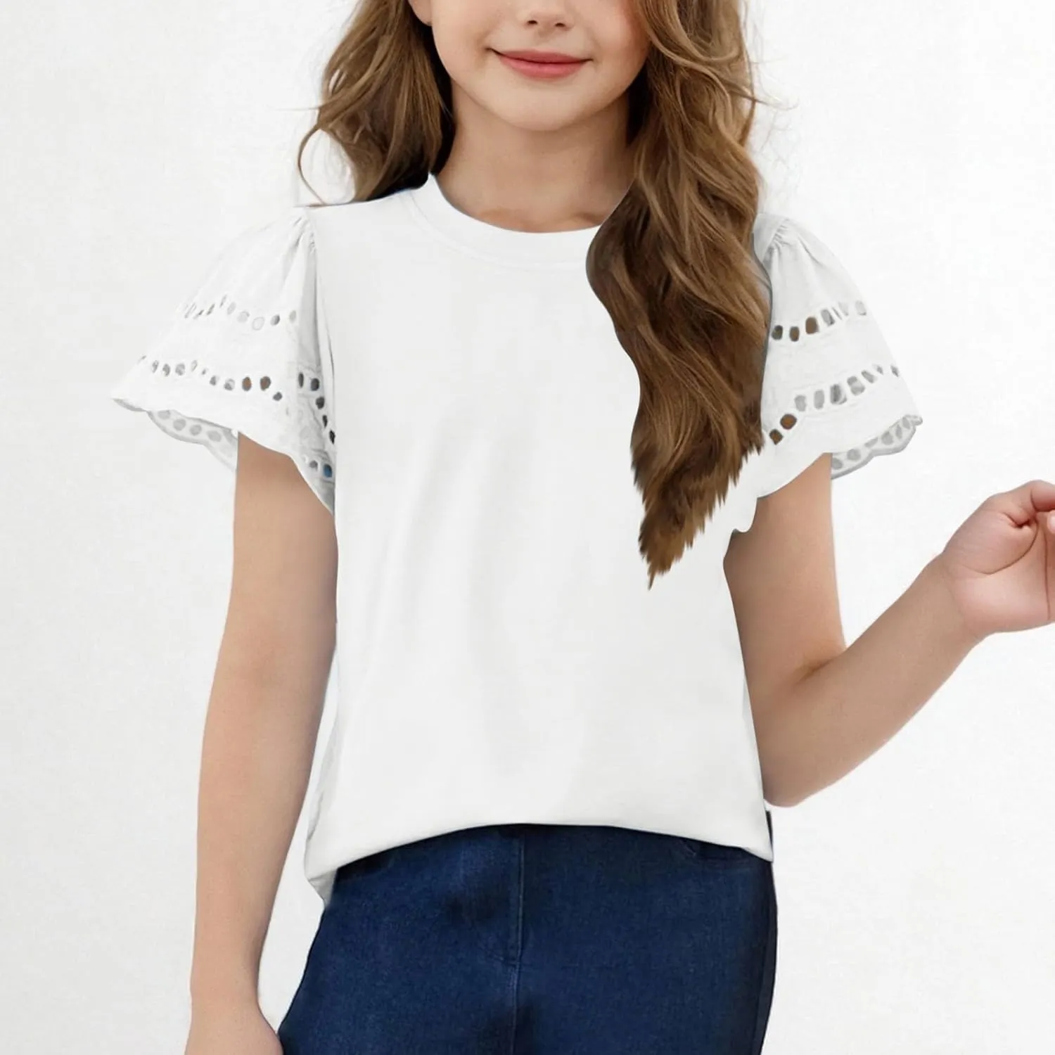 3-14T Girls T-Shirts Tops Summer Fashion Solid Hollow Out Ruffles Short Sleeves Crewneck Loose Comfy Tees Shirts