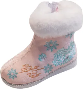 3 to 13 Years Ankle Shoes for Baby Children Warm Cotton Boots Embroidered Boots National Boots (Pink, 12 Little Child)