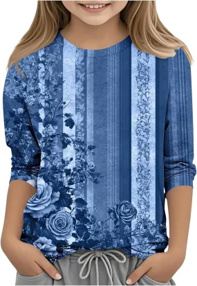 3/4 Sleeve T Shirts for Girls Vintage Floral Printed Shirt Loose Crewneck Basic Cute Tops Trendy Casual Tee Blouses