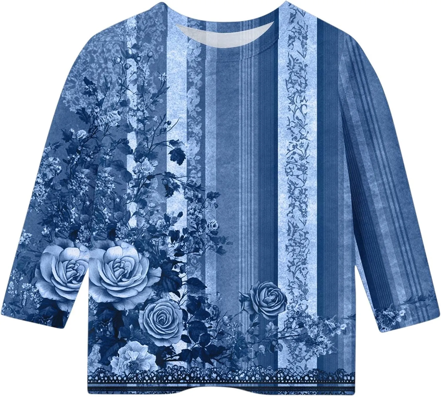 3/4 Sleeve T Shirts for Girls Vintage Floral Printed Shirt Loose Crewneck Basic Cute Tops Trendy Casual Tee Blouses