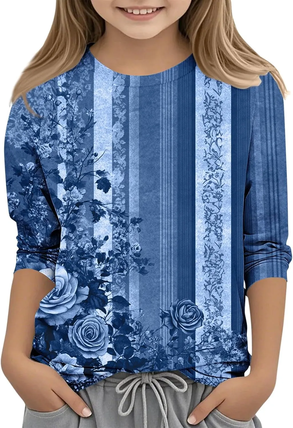 3/4 Sleeve T Shirts for Girls Vintage Floral Printed Shirt Loose Crewneck Basic Cute Tops Trendy Casual Tee Blouses