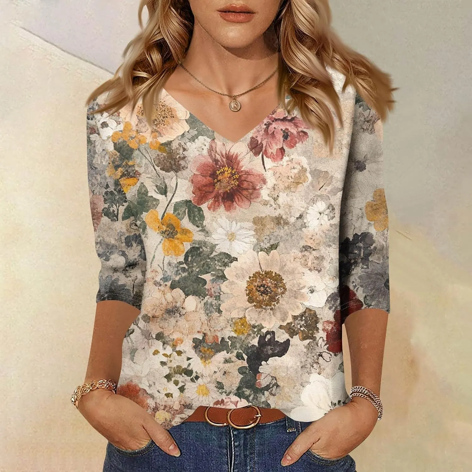 3/4 Sleeve T Shirts for Women Trendy Summer V Neck Tops 3/4 Length Sleeve Floral Print Loose Blouses Casual Tee Shirts