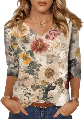 3/4 Sleeve T Shirts for Women Trendy Summer V Neck Tops 3/4 Length Sleeve Floral Print Loose Blouses Casual Tee Shirts