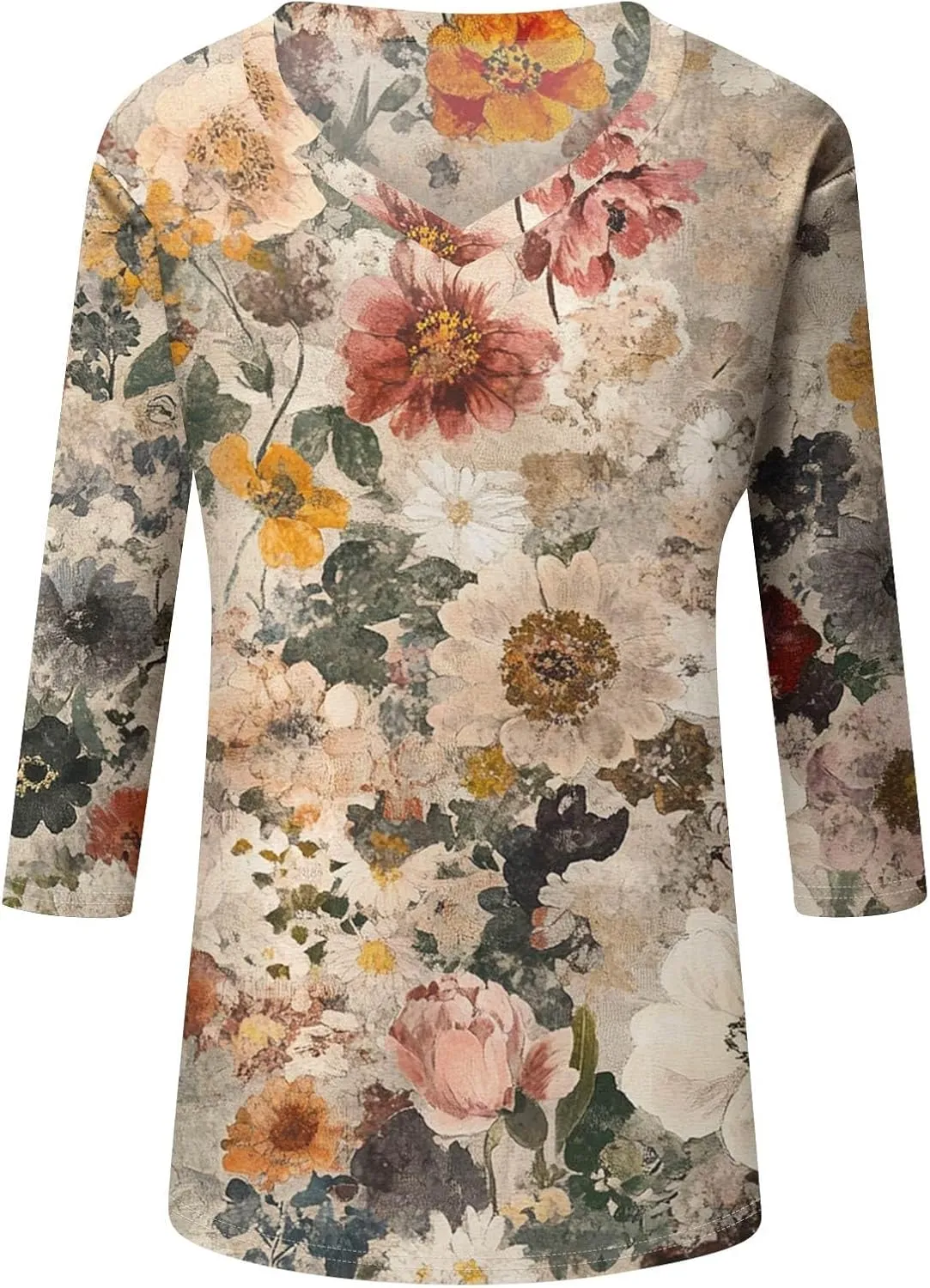 3/4 Sleeve T Shirts for Women Trendy Summer V Neck Tops 3/4 Length Sleeve Floral Print Loose Blouses Casual Tee Shirts