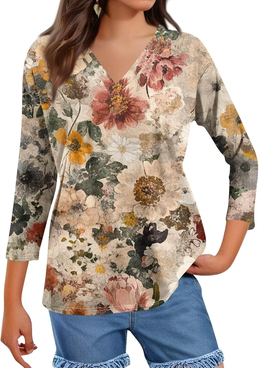 3/4 Sleeve T Shirts for Women Trendy Summer V Neck Tops 3/4 Length Sleeve Floral Print Loose Blouses Casual Tee Shirts