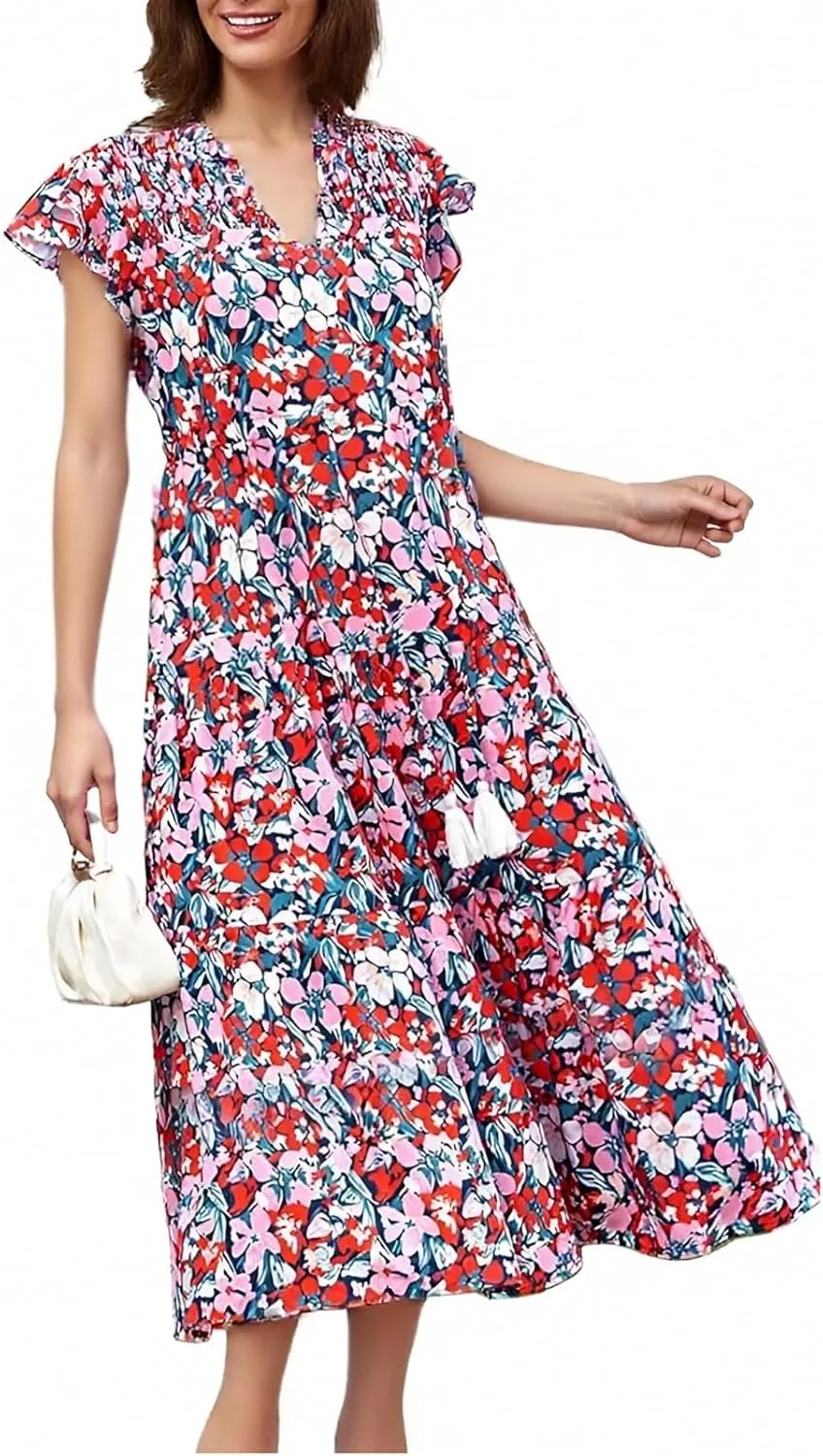 ADHOWBEW Womens Casual Summer Dresses Short Sleeve Waist Tie Smocked Floral Print Dress