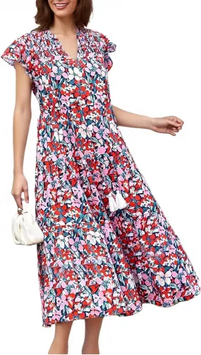 ADHOWBEW Womens Casual Summer Dresses Short Sleeve Waist Tie Smocked Floral Print Dress