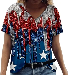 American Flag Shirt for Girls V Neck Short Sleeve USA Print 4th of July T-Shirts Patriotic Casual Summer Tops