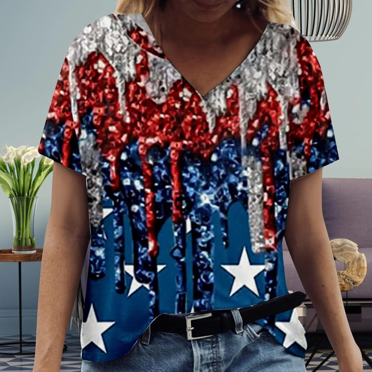 American Flag Shirt for Girls V Neck Short Sleeve USA Print 4th of July T-Shirts Patriotic Casual Summer Tops