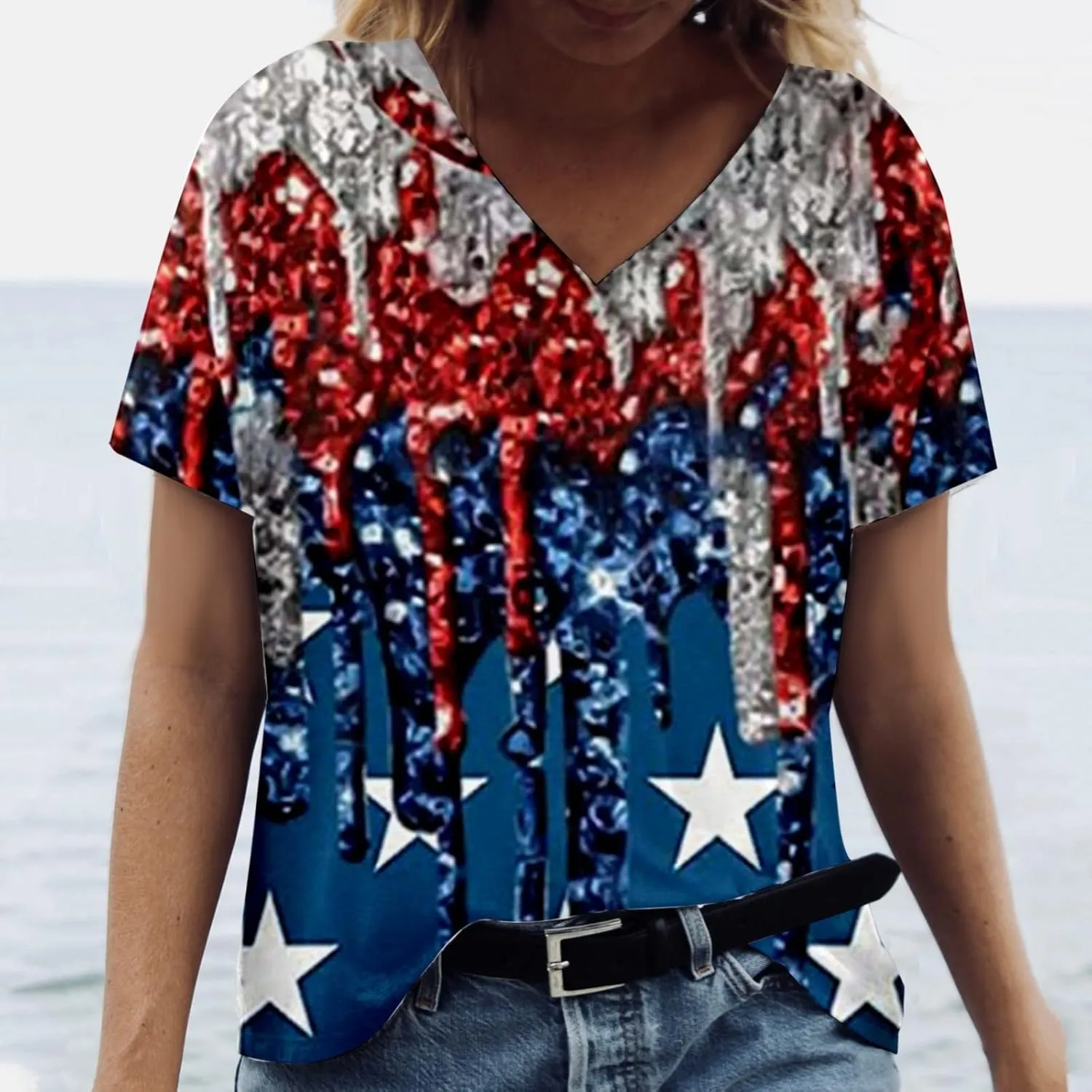 American Flag Shirt for Girls V Neck Short Sleeve USA Print 4th of July T-Shirts Patriotic Casual Summer Tops
