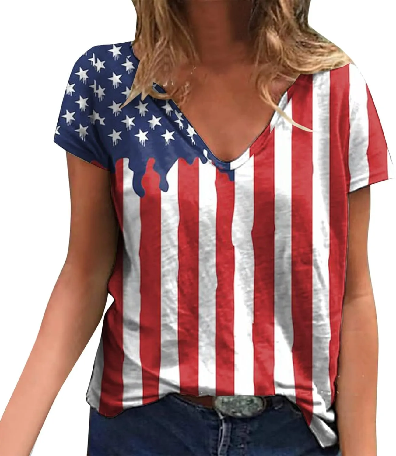 American Flag Shirt Girls V Neck Short Sleeve 4th July Blouse Patriotic Fashion Loose Casual Summer Tops