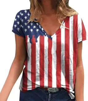 American Flag Shirt Girls V Neck Short Sleeve 4th July Blouse Patriotic Fashion Loose Casual Summer Tops