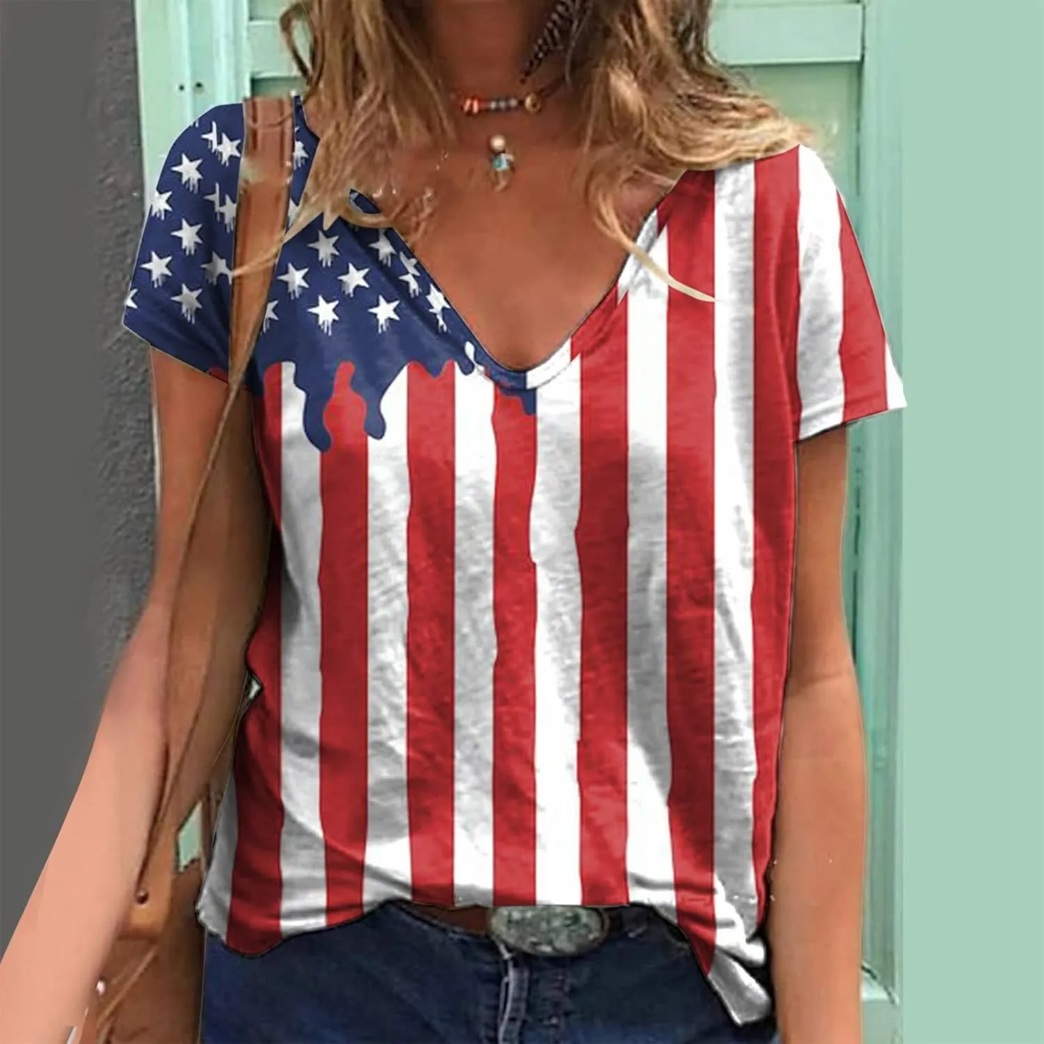 American Flag Shirt Girls V Neck Short Sleeve 4th July Blouse Patriotic Fashion Loose Casual Summer Tops