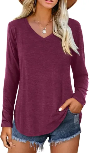 Amoretu Womens T Shirts Long Sleeve V Neck Shirts Casual Basic Tees