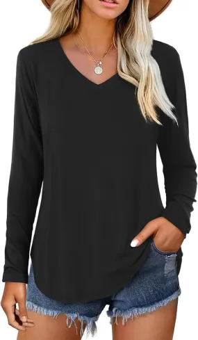 Amoretu Womens T Shirts Long Sleeve V Neck Shirts Casual Basic Tees