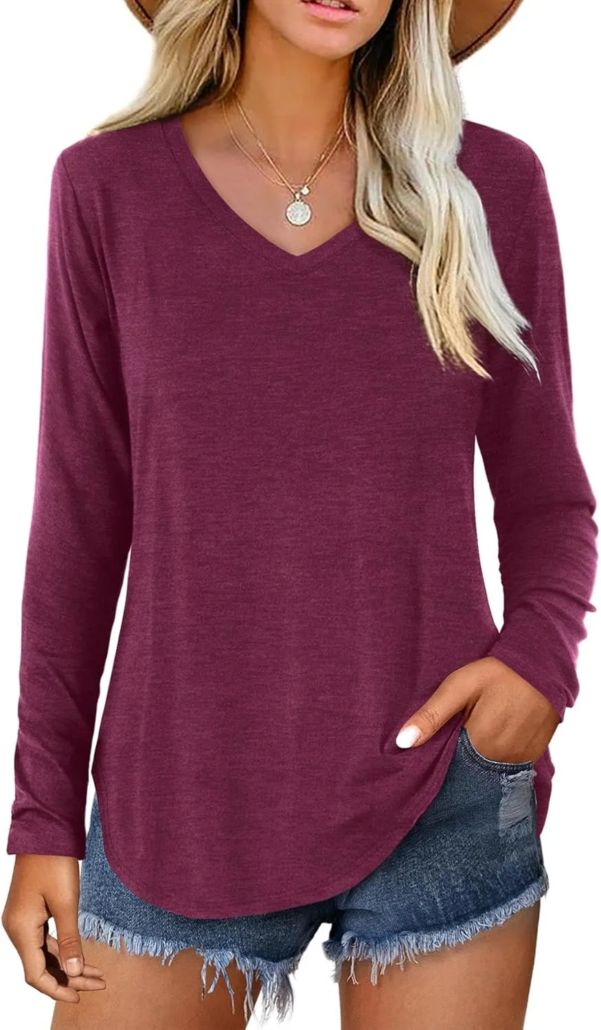 Amoretu Womens T Shirts Long Sleeve V Neck Shirts Casual Basic Tees