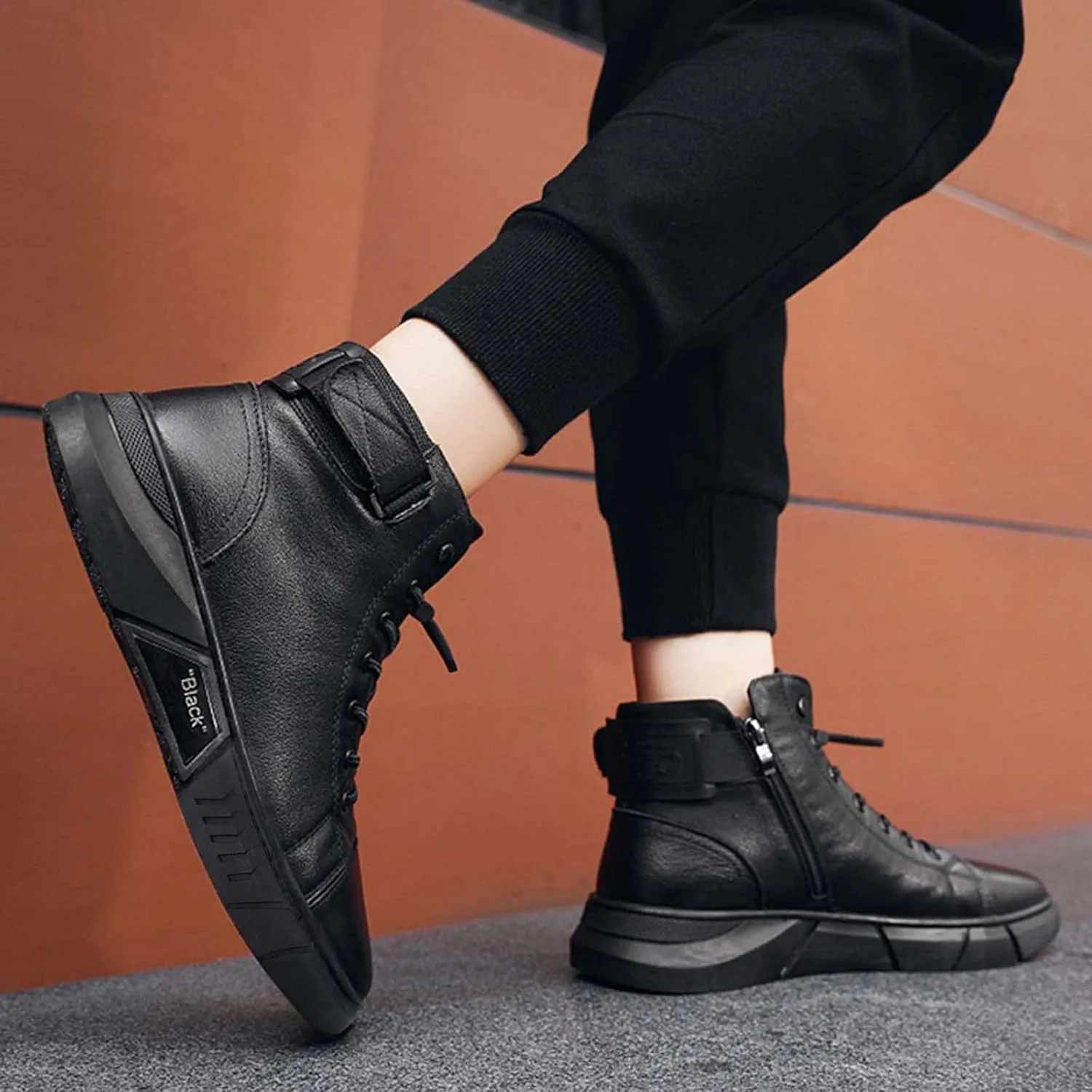 Ankle Boots For Men Water Proof Round Toe Laced Up Men's British Large Size Fashion High Top Plush Warm Casual Leather Short Flat Bottom Boots