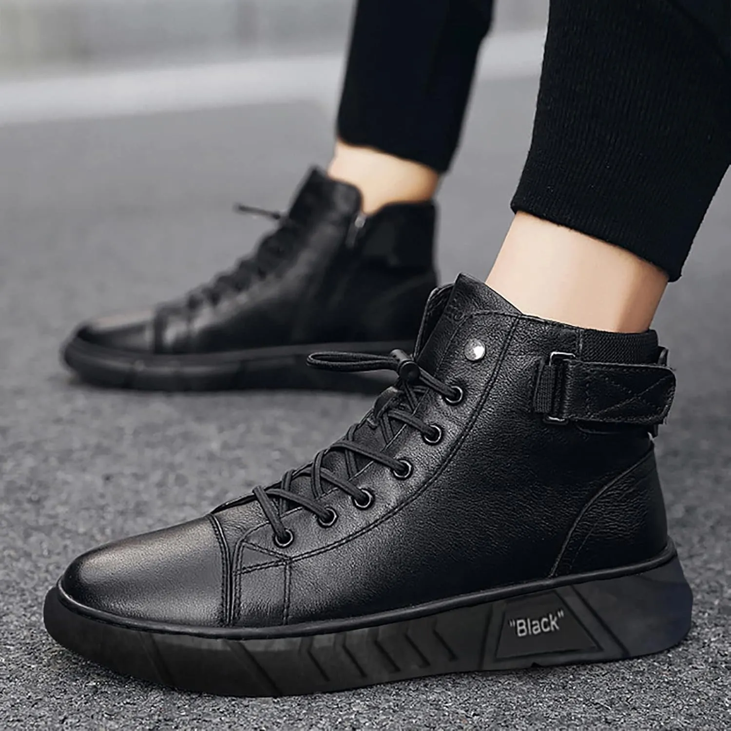 Ankle Boots For Men Water Proof Round Toe Laced Up Men's British Large Size Fashion High Top Plush Warm Casual Leather Short Flat Bottom Boots