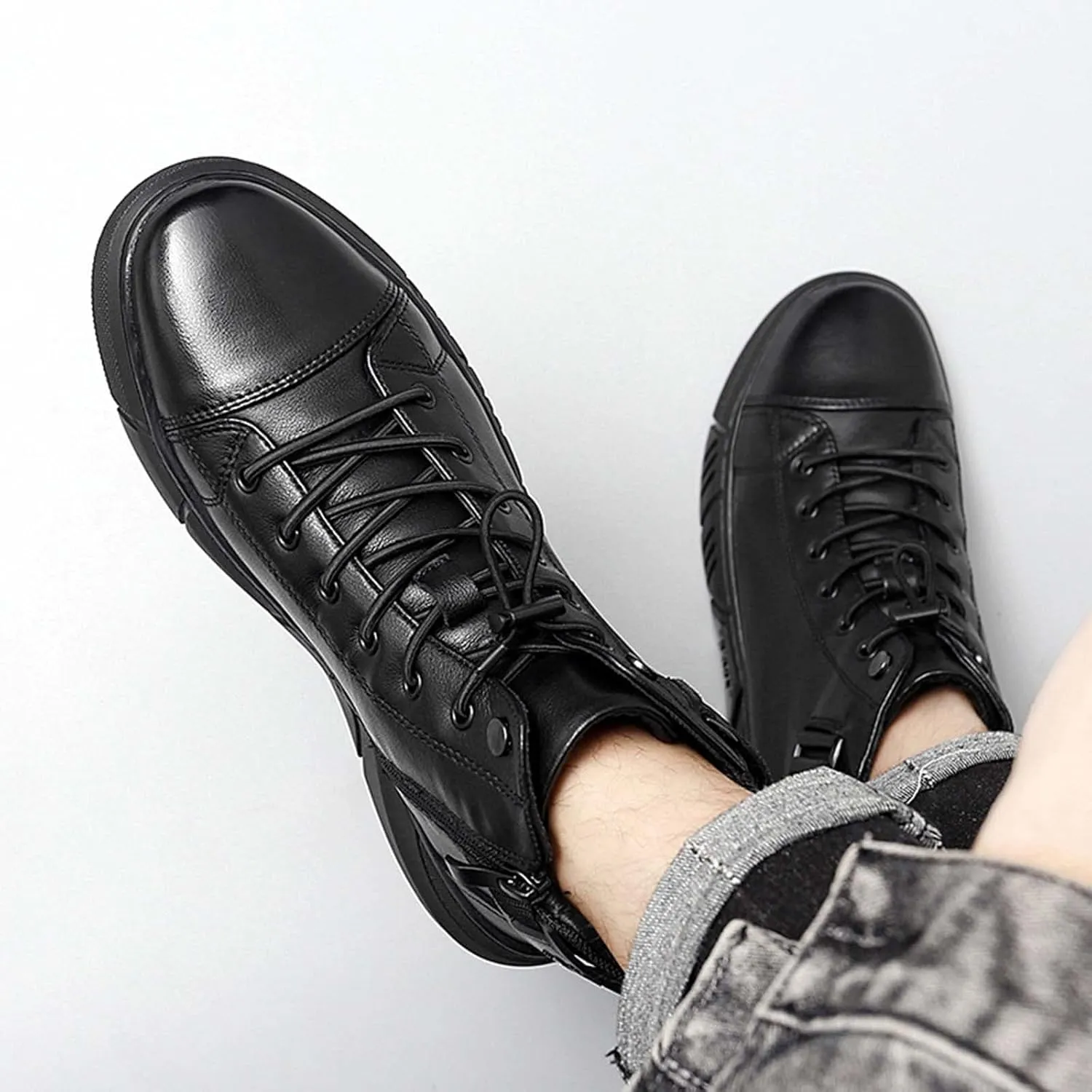 Ankle Boots For Men Water Proof Round Toe Laced Up Men's British Large Size Fashion High Top Plush Warm Casual Leather Short Flat Bottom Boots