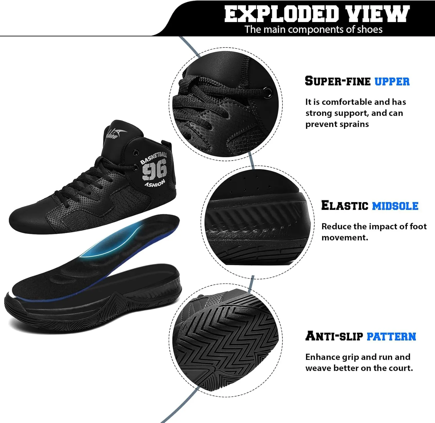 ASHION Kids Basketball Shoes Boys Girls Sneakers Mid-Top Lace Up Cushion Anti Slip Athletic Outdoor Sport Shoes for Unisex-Child
