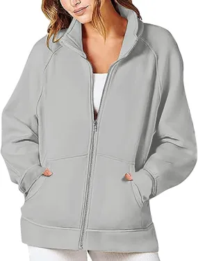 Autumn and Winter Womens Hoodies 2024 Pocket Full Zip Sports Sweatshirt Loose Solid Color Casual Fleece Jackets