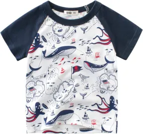 Baby Boy Cute Cartoon Shirt Short Sleeve Animals Graphic T-Shirt Kids Boy Cute Tops Toddler Funny Letter Print Tees