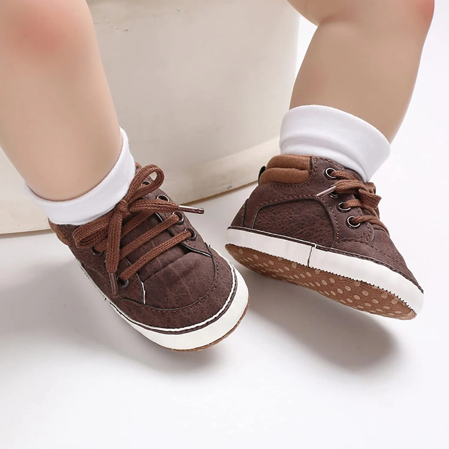 Baby High Top Ankle PU Leather Sneakers Rubber Sole Infant 𝐌occasins Newborn 𝐎xford Loafers Anti-Slip Shoes