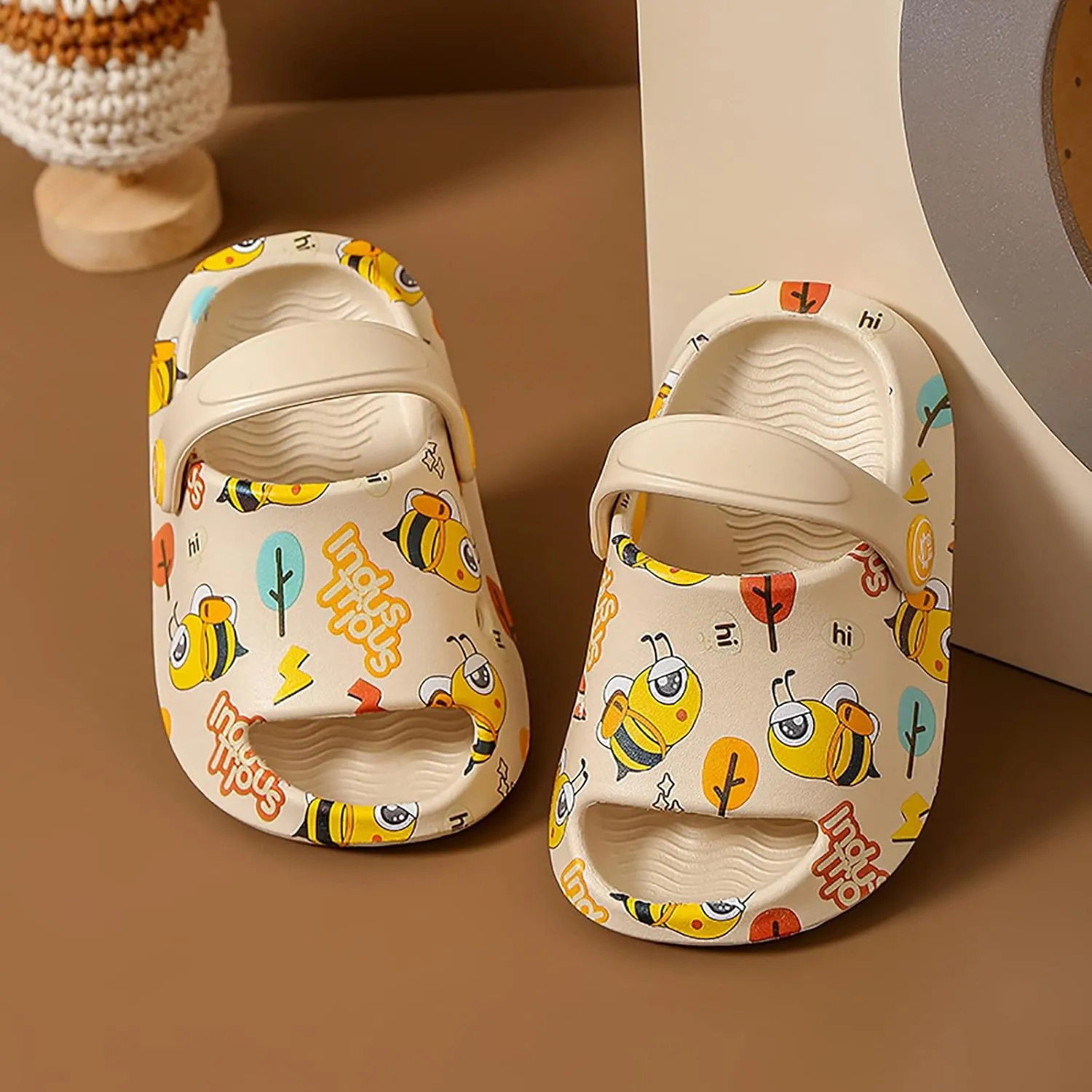 Baby Sandals Kids Cute Baotou Slipper Summer Cartoon Bee Slip On Water Shoes Little Girl Sandals (Khaki, 22)