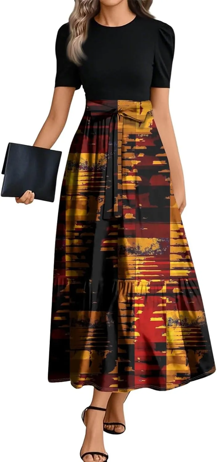 Beach Boho Womens Dresses, 2025 Geometric Print Maxi Women's Jumpsuits Elegant Bow Crew Neck Womens Romper