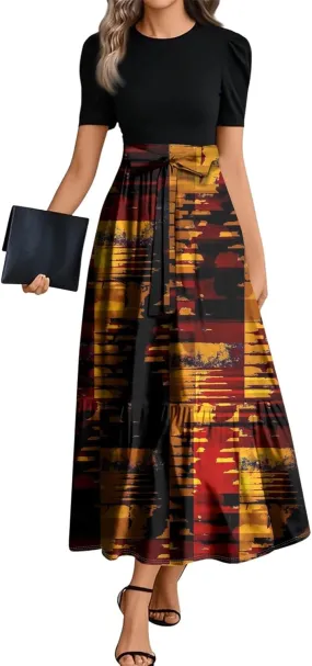 Beach Boho Womens Dresses, 2025 Geometric Print Maxi Women's Jumpsuits Elegant Bow Crew Neck Womens Romper