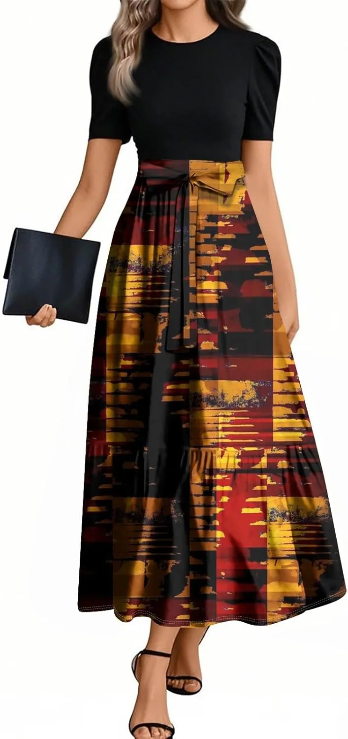 Beach Boho Womens Dresses, 2025 Geometric Print Maxi Women's Jumpsuits Elegant Bow Crew Neck Womens Romper