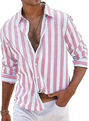 Beach Shirts for Men Stripe Long Sleeve Shirt Cotton Linen Lightweight Summer Tops Button Down Blouse Casual Shirts