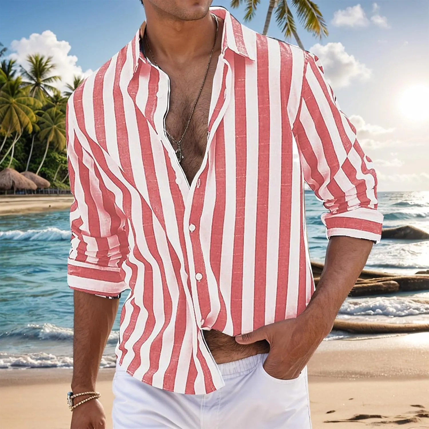 Beach Shirts for Men Stripe Long Sleeve Shirt Cotton Linen Lightweight Summer Tops Button Down Blouse Casual Shirts