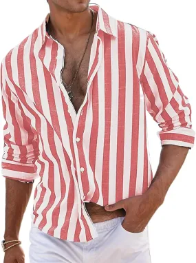 Beach Shirts for Men Stripe Long Sleeve Shirt Cotton Linen Lightweight Summer Tops Button Down Blouse Casual Shirts