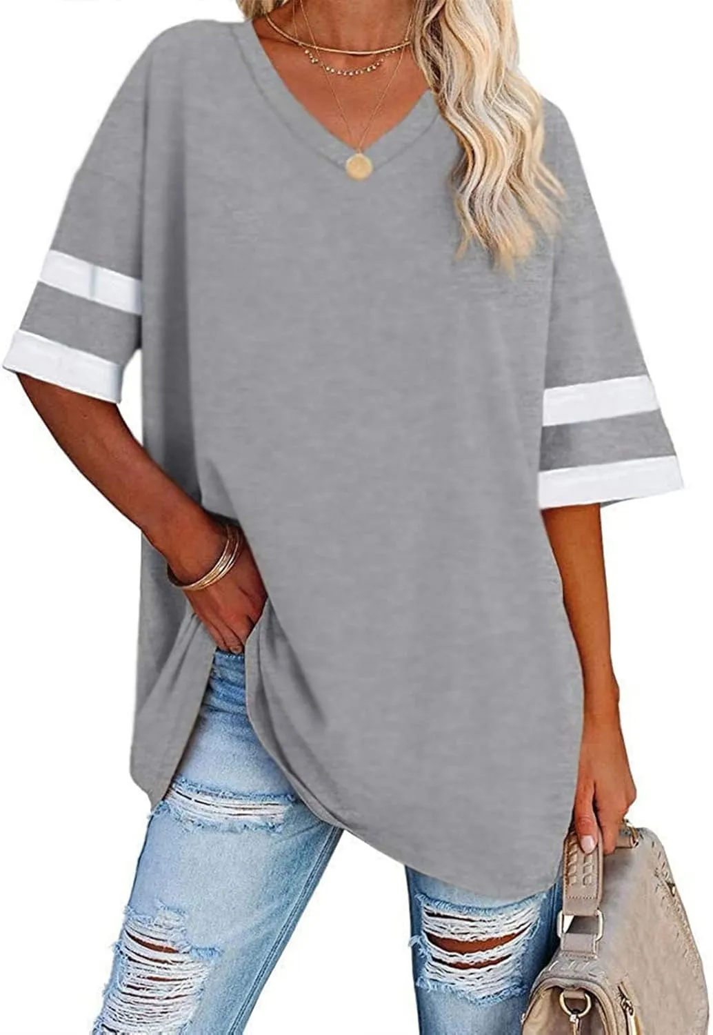 Binmer Oversized Short Sleeve T Shirts for Womens V Neck Tee 2024 Summer Casual Loose Striped Tunic Tops Workout Blouse