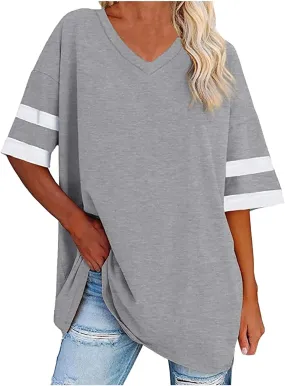 Binmer Oversized Short Sleeve T Shirts for Womens V Neck Tee 2024 Summer Casual Loose Striped Tunic Tops Workout Blouse