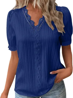 Blouses for Women Dressy Casual Short Sleeve Business Work Shirt Ladies Lace V Neck Summer Tee Tunic Tops