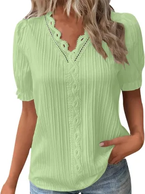 Blouses for Women Dressy Casual Short Sleeve Business Work Shirt Ladies Lace V Neck Summer Tee Tunic Tops