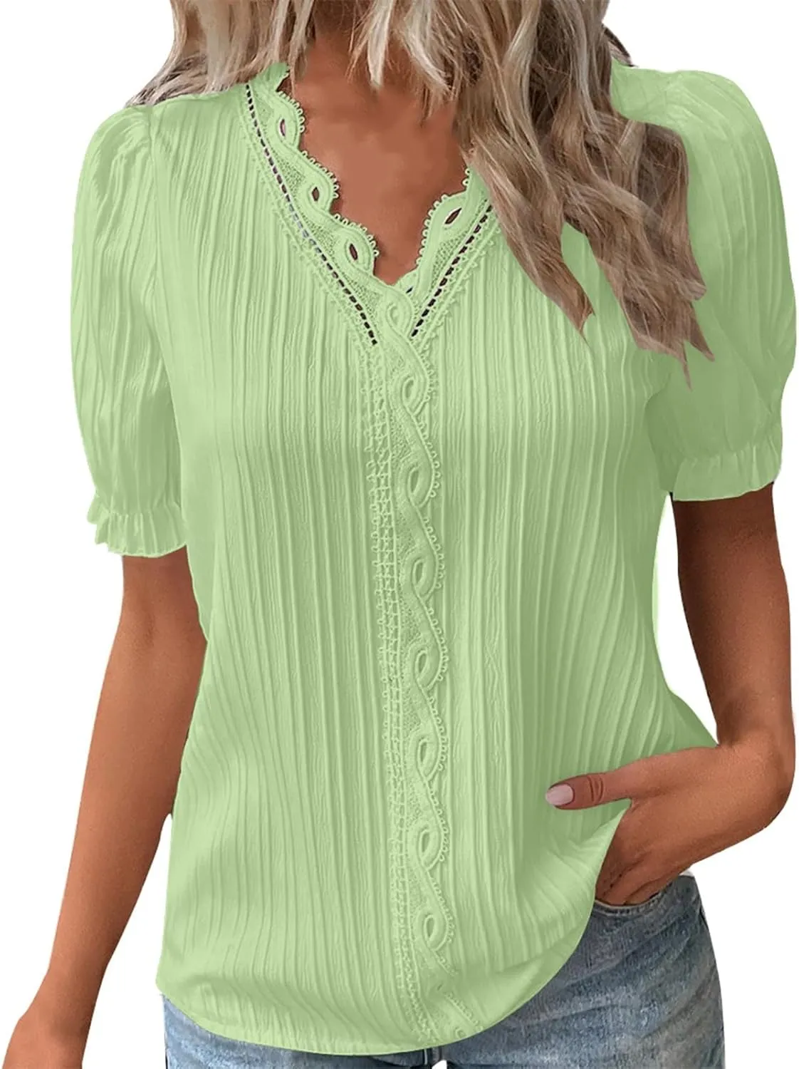 Blouses for Women Dressy Casual Short Sleeve Business Work Shirt Ladies Lace V Neck Summer Tee Tunic Tops