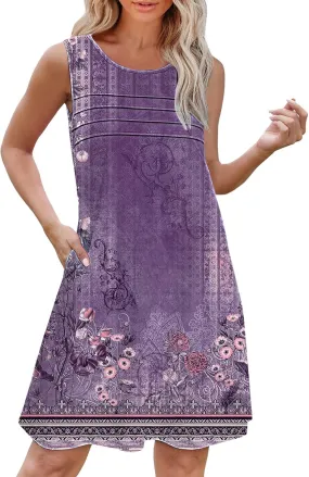 Boho Dresses for Women 2025 Womens with Pockets Summer Casual Tank Dress Sleeveless Midi Beach Dress Womens Cotton