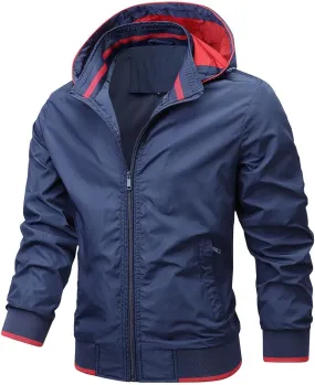 Bomber Jacket Men Lightweight Waterproof Hooded Rain Coats Casual Zipper Windbreaker Outdoor Hiking Fall Spring Coat