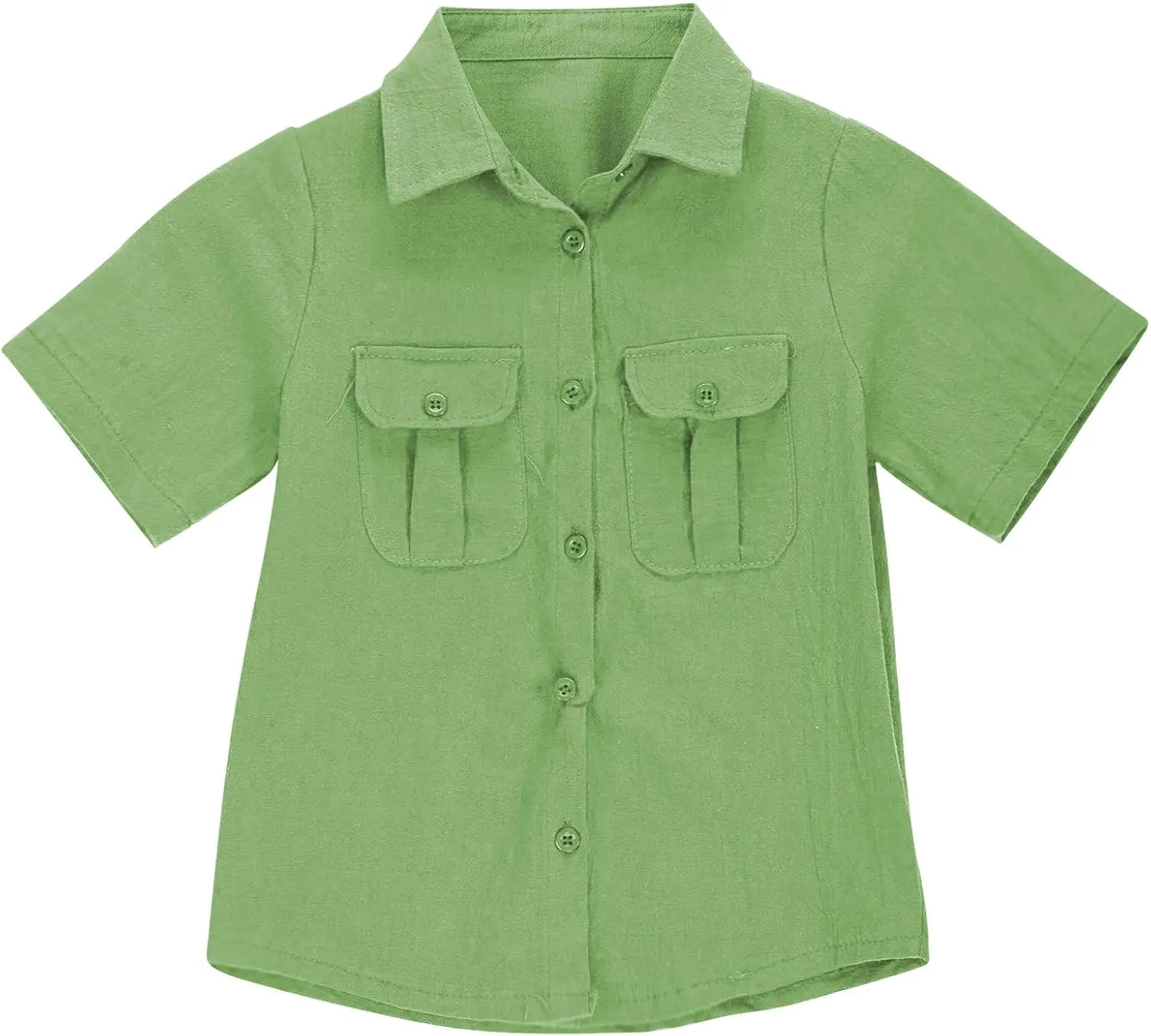 Boys' Short Sleeve Dress Shirts Classic Collared Button-Down T Shirt Solid Color Cotton Linen Tops with Chest Pocket